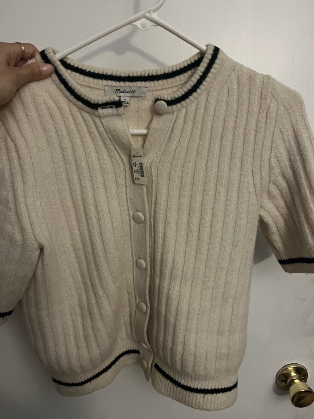 Madewell Cream Short-Sleeve Ribbed Cardigan with Black Trim